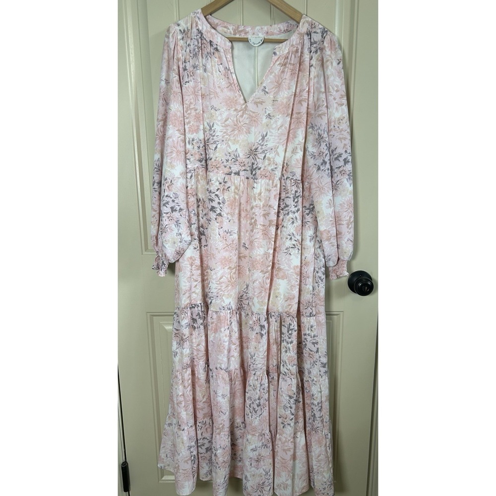 Arula Maxi Floral Dress Sz X Pink Front Slit Romantic Whimsical Cottagecore